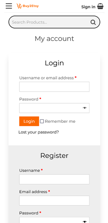 etsy clone login mobile view