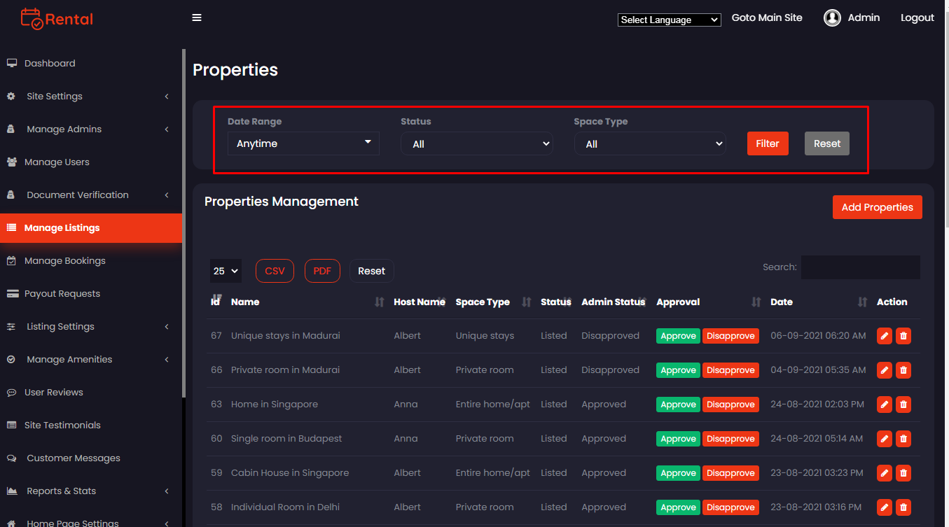 admin panel manage listing