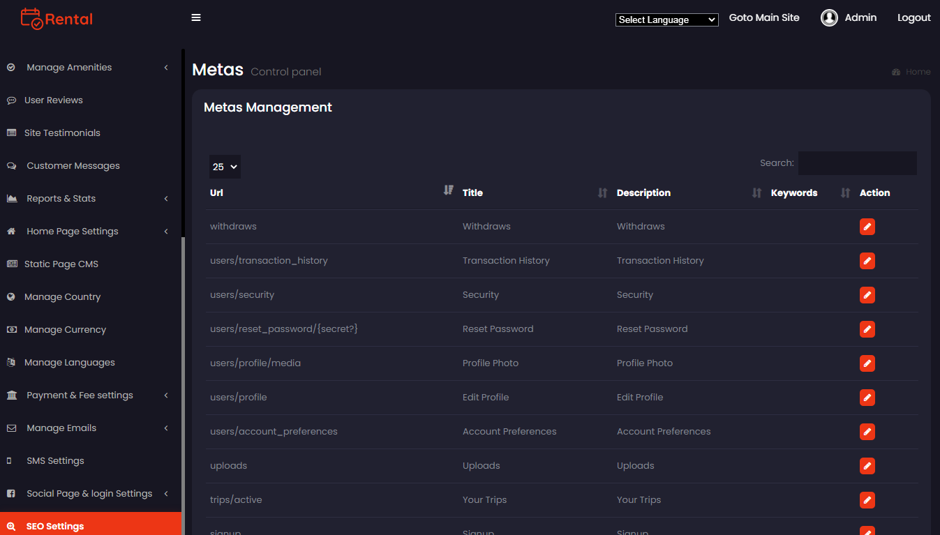 admin panel seo settings