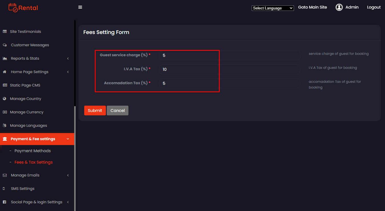 admin panel tax fee added