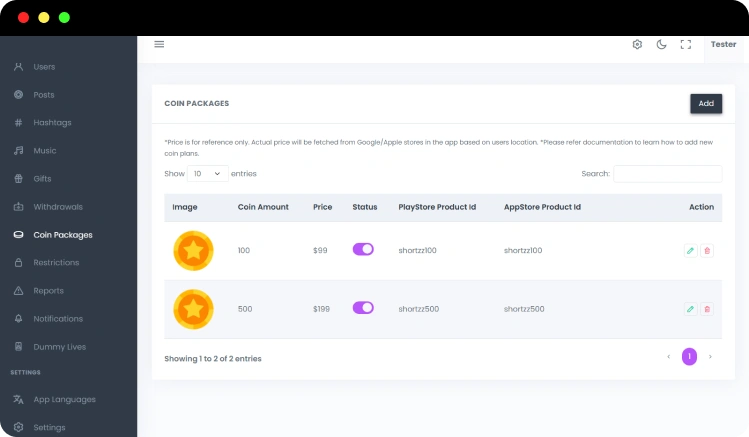 manage coin packages